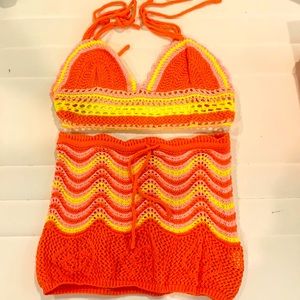 Orange crochet halter and skirt two piece